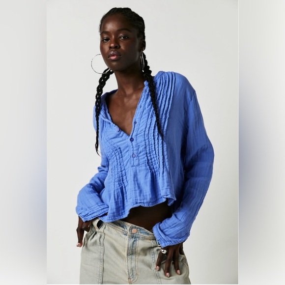 Free People x CP Shades Yoko Cropped Top Blue Fizz Medium 100% Cotton USA Made - Picture 1 of 9